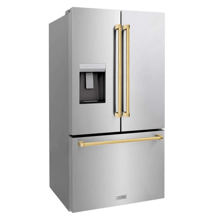 ZLINE Autograph Edition 36 in. 28.9 cu. ft. Standard-Depth French Door External Water Dispenser Refrigerator with Dual Ice Maker in Fingerprint-Resistant Stainless Steel and Polished Gold Traditional Handles (RSMZ-W-36-G)