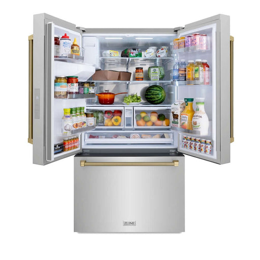 ZLINE Autograph Edition 36 in. 28.9 cu. ft. Standard-Depth French Door External Water Dispenser Refrigerator with Dual Ice Maker in Fingerprint-Resistant Stainless Steel and Champagne Bronze Helix Handles (RSMZ-W-36-KCB)