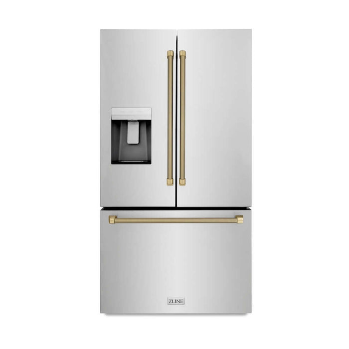 ZLINE Autograph Edition 36 in. 28.9 cu. ft. Standard-Depth French Door External Water Dispenser Refrigerator with Dual Ice Maker in Fingerprint-Resistant Stainless Steel and Champagne Bronze Helix Handles (RSMZ-W-36-KCB)