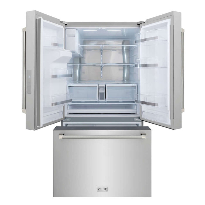 ZLINE Autograph Edition 36 in. 28.9 cu. ft. Standard-Depth French Door External Water Dispenser Refrigerator with Dual Ice Maker in Fingerprint-Resistant Stainless Steel and Polished Nickel Helix Handles (RSMZ-W-36-KPN)