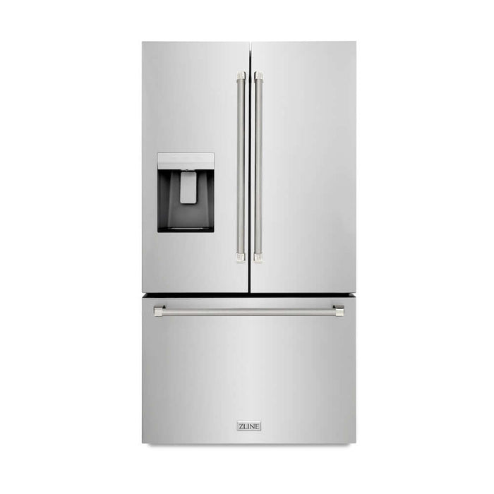 ZLINE Autograph Edition 36 in. 28.9 cu. ft. Standard-Depth French Door External Water Dispenser Refrigerator with Dual Ice Maker in Fingerprint-Resistant Stainless Steel and Polished Nickel Helix Handles (RSMZ-W-36-KPN)