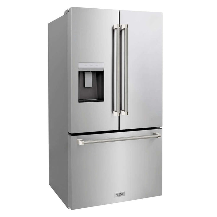 ZLINE Autograph Edition 36 in. 28.9 cu. ft. Standard-Depth French Door External Water Dispenser Refrigerator with Dual Ice Maker in Fingerprint-Resistant Stainless Steel and Polished Nickel Helix Handles (RSMZ-W-36-KPN)