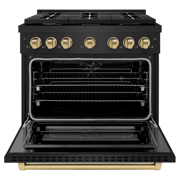 ZLINE Autograph Edition 36 in. 5.2 cu. ft. Paramount Dual Fuel Range with 6 Burner Gas Cooktop and Electric Convection Oven in Black Stainless Steel with Champagne Bronze Accents (SDRBZ-36-CB)