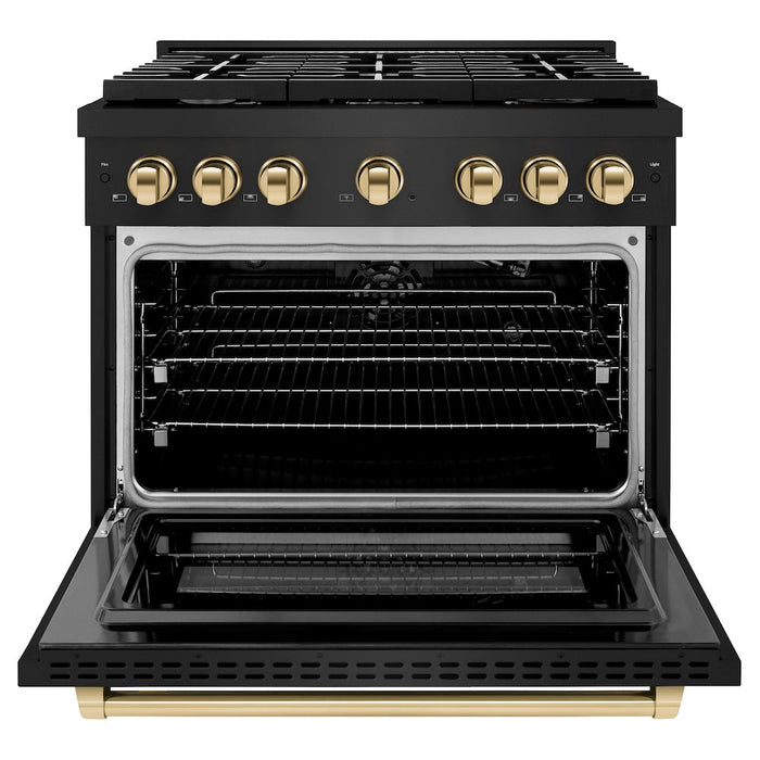 ZLINE Autograph Edition 36 in. 5.2 cu. ft. Paramount Gas Range with 6 Burner Cooktop and Convection Gas Oven in Black Stainless Steel and Polished Gold Accents (SGRBZ-36-G)