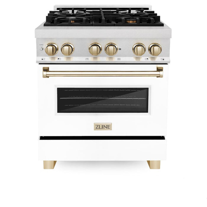 ZLINE Autograph Edition 30 in. 4.0 cu. ft. Legacy Dual Fuel Range with 4 Burner Gas Cooktop and Electric Convection Oven in Satin Stainless Steel with White Matte Door and Polished Gold Accents (RASZ-WM-30-G)