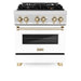 ZLINE Autograph Edition 30 in. 4.0 cu. ft. Legacy Dual Fuel Range with 4 Burner Gas Cooktop and Electric Convection Oven in Satin Stainless Steel with White Matte Door and Polished Gold Accents (RASZ-WM-30-G)