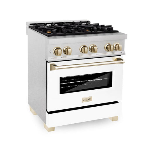 ZLINE Autograph Edition 30 in. 4.0 cu. ft. Legacy Dual Fuel Range with 4 Burner Gas Cooktop and Electric Convection Oven in Satin Stainless Steel with White Matte Door and Polished Gold Accents (RASZ-WM-30-G)