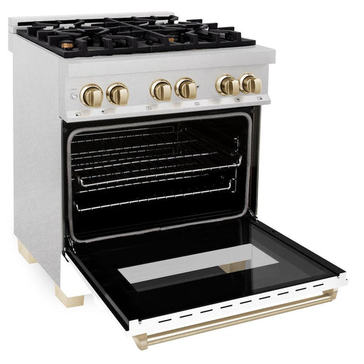 ZLINE Autograph Edition 30 in. 4.0 cu. ft. Legacy Dual Fuel Range with 4 Burner Gas Cooktop and Electric Convection Oven in Satin Stainless Steel with White Matte Door and Polished Gold Accents (RASZ-WM-30-G)