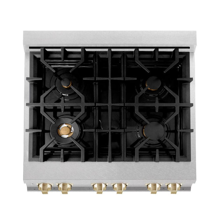 ZLINE Autograph Edition 30 in. 4.0 cu. ft. Legacy Dual Fuel Range with 4 Burner Gas Cooktop and Electric Convection Oven in Satin Stainless Steel with White Matte Door and Polished Gold Accents (RASZ-WM-30-G)