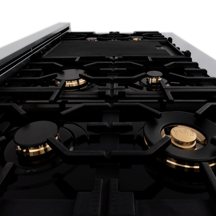 ZLINE Autograph Edition 48 in. 6.0 cu. ft. Legacy Dual Fuel Range with 7 Burner Gas Cooktop and 2 Electric Ovens in Satin Stainless Steel with Black Matte Doors and Champagne Bronze Accents (RASZ-BLM-48-CB)
