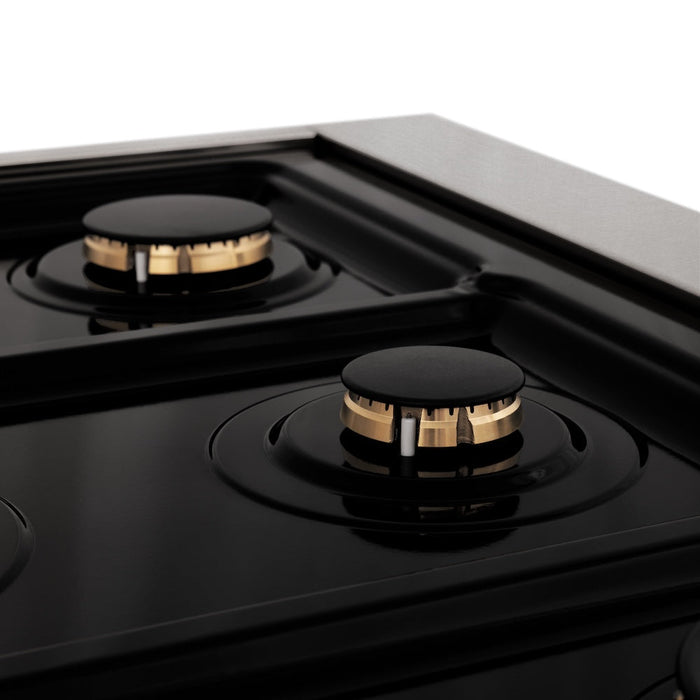 ZLINE Autograph Edition 48 in. 6.0 cu. ft. Legacy Dual Fuel Range with 7 Burner Gas Cooktop and 2 Electric Ovens in Satin Stainless Steel with Black Matte Doors and Polished Gold Accents (RASZ-BLM-48-G)