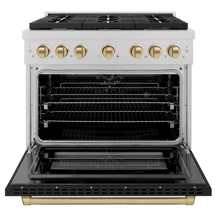ZLINE Autograph Edition 36 in. 5.2 cu. ft. Paramount Dual Fuel Range with 6 Burner Gas Cooktop and Electric Convection Oven in Satin Stainless Steel with Black Matte Door and Champagne Bronze Accents (SDRSZ-BLM-36-CB)
