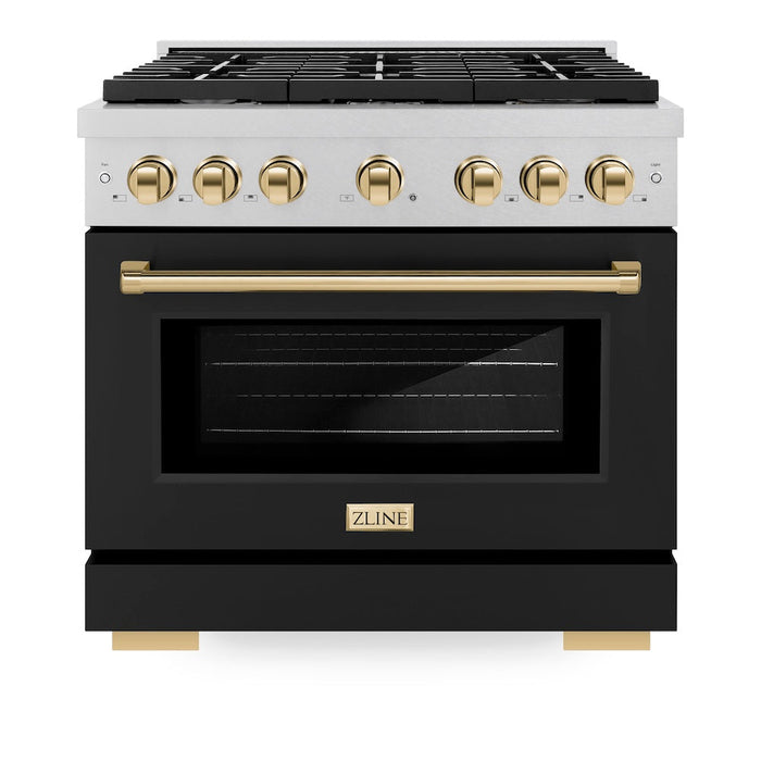 ZLINE Autograph Edition 36 in. 5.2 cu. ft. Paramount Dual Fuel Range with 6 Burner Gas Cooktop and Electric Convection Oven in Satin Stainless Steel with Black Matte Door and Polished Gold Accents (SDRSZ-BLM-36-G)