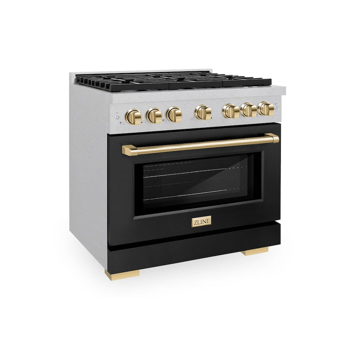 ZLINE Autograph Edition 36 in. 5.2 cu. ft. Paramount Dual Fuel Range with 6 Burner Gas Cooktop and Electric Convection Oven in Satin Stainless Steel with Black Matte Door and Polished Gold Accents (SDRSZ-BLM-36-G)