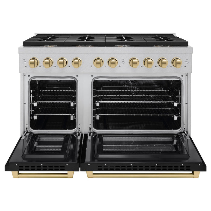 ZLINE Autograph Edition 48 in. 6.7 cu. ft. Paramount Double Oven Dual Fuel Range with 8 Burner Gas Cooktop in Satin Stainless Steel with Black Matte Doors and Champagne Bronze Accents (SDRSZ-BLM-48-CB)