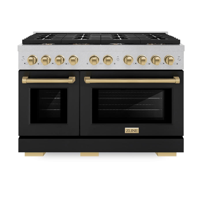 ZLINE Autograph Edition 48 in. 6.7 cu. ft. Paramount Double Oven Dual Fuel Range with 8 Burner Gas Cooktop in Satin Stainless Steel with Black Matte Doors and Champagne Bronze Accents (SDRSZ-BLM-48-CB)
