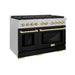 ZLINE Autograph Edition 48 in. 6.7 cu. ft. Paramount Double Oven Dual Fuel Range with 8 Burner Gas Cooktop in Satin Stainless Steel with Black Matte Doors and Polished Gold Accents (SDRSZ-BLM-48-G)