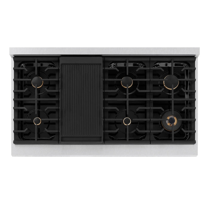 ZLINE Autograph Edition 48 in. 6.7 cu. ft. Paramount Double Oven Dual Fuel Range with 8 Burner Gas Cooktop in Satin Stainless Steel with Black Matte Doors and Polished Gold Accents (SDRSZ-BLM-48-G)