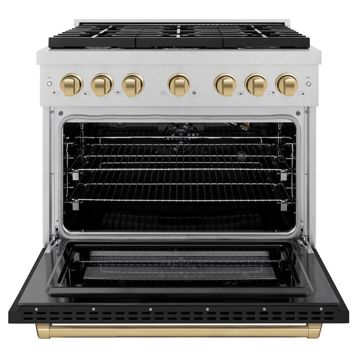 ZLINE Autograph Edition 36 in. 5.2 cu. ft. Paramount Gas Range with 6 Burner Cooktop and Convection Gas Oven in Satin Stainless Steel with Black Matte Door and Champagne Bronze Accents (SGRSZ-BLM-36-CB)