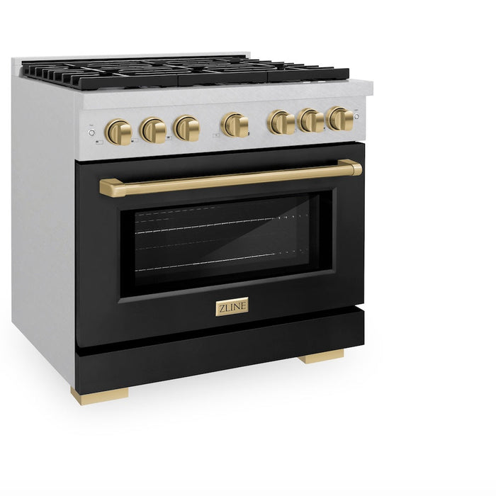 ZLINE Autograph Edition 36 in. 5.2 cu. ft. Paramount Gas Range with 6 Burner Cooktop and Convection Gas Oven in Satin Stainless Steel with Black Matte Door and Champagne Bronze Accents (SGRSZ-BLM-36-CB)