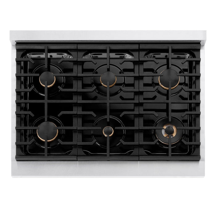 ZLINE Autograph Edition 36 in. 5.2 cu. ft. Paramount Gas Range with 6 Burner Cooktop and Convection Gas Oven in Satin Stainless Steel with Black Matte Door and Champagne Bronze Accents (SGRSZ-BLM-36-CB)
