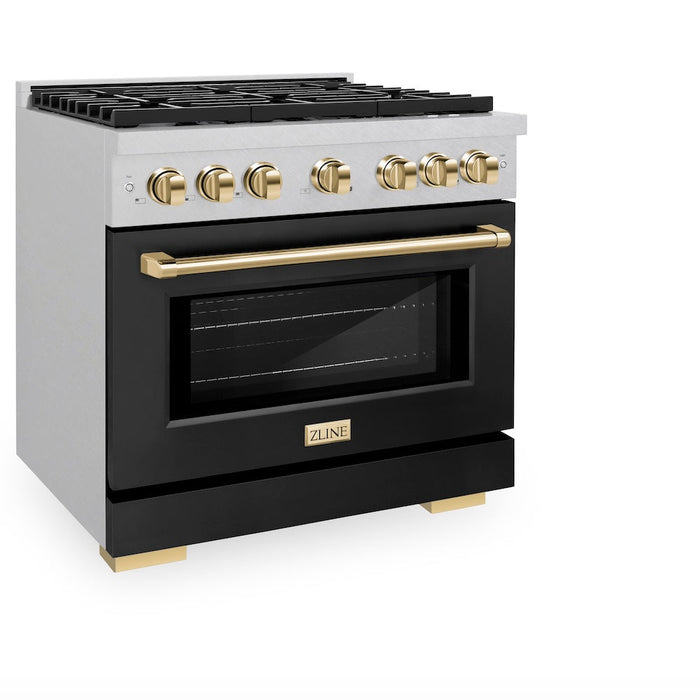 ZLINE Autograph Edition 36 in. 5.2 cu. ft. Paramount Gas Range with 6 Burner Cooktop and Convection Gas Oven in Satin Stainless Steel with Black Matte Door and Polished Gold Accents (SGRSZ-BLM-36-G)