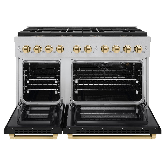 ZLINE Autograph Edition 48 in. 6.7 cu. ft. Paramount Double Oven Gas Range with 8 Burner Cooktop in Satin Stainless Steel with Black Matte Doors and Polished Gold Accents (SGRSZ-BLM-48-G)
