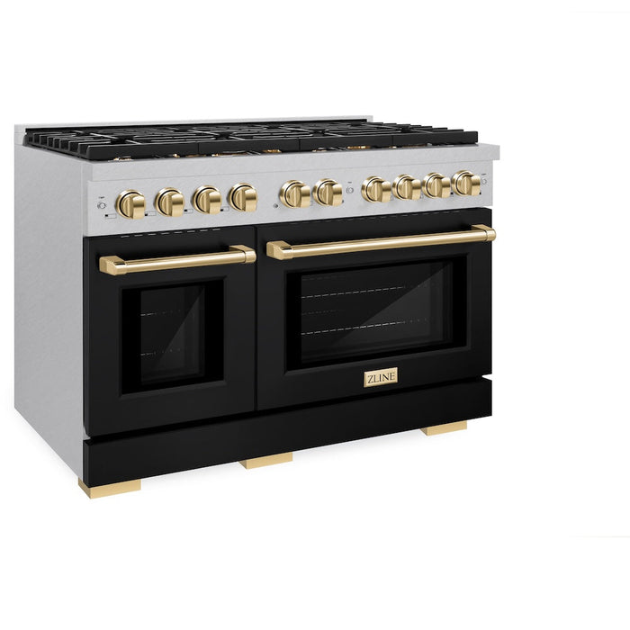 ZLINE Autograph Edition 48 in. 6.7 cu. ft. Paramount Double Oven Gas Range with 8 Burner Cooktop in Satin Stainless Steel with Black Matte Doors and Polished Gold Accents (SGRSZ-BLM-48-G)