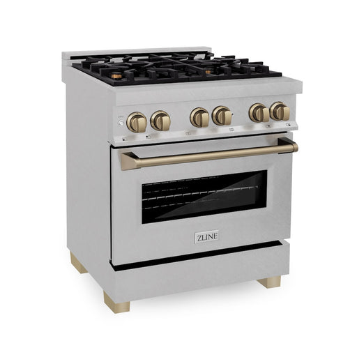 ZLINE Autograph Edition 30 in. 4.0 cu. ft. Legacy Dual Fuel Range with 4 Burner Gas Cooktop and Electric Convection Oven in Satin Stainless Steel and Champagne Bronze Accents (RASZ-SN-30-CB)