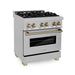 ZLINE Autograph Edition 30 in. 4.0 cu. ft. Legacy Dual Fuel Range with 4 Burner Gas Cooktop and Electric Convection Oven in Satin Stainless Steel and Champagne Bronze Accents (RASZ-SN-30-CB)