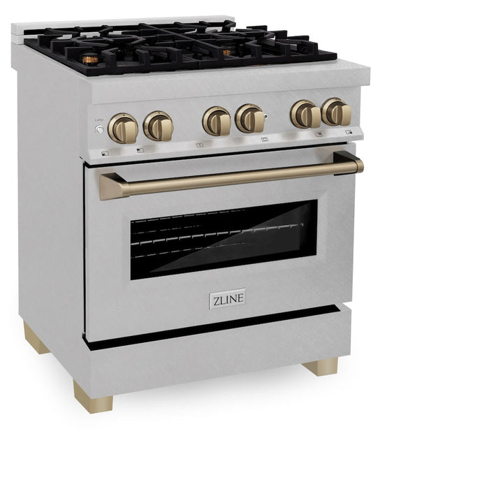 ZLINE Autograph Edition 30 in. 4.0 cu. ft. Legacy Dual Fuel Range with 4 Burner Gas Cooktop and Electric Convection Oven in Satin Stainless Steel and Champagne Bronze Accents (RASZ-SN-30-CB)