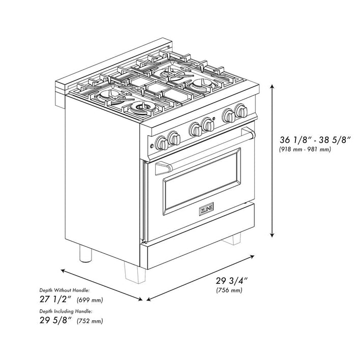 ZLINE Autograph Edition 30 in. 4.0 cu. ft. Legacy Dual Fuel Range with 4 Burner Gas Cooktop and Electric Convection Oven in Satin Stainless Steel and Polished Gold Accents (RASZ-SN-30-G)