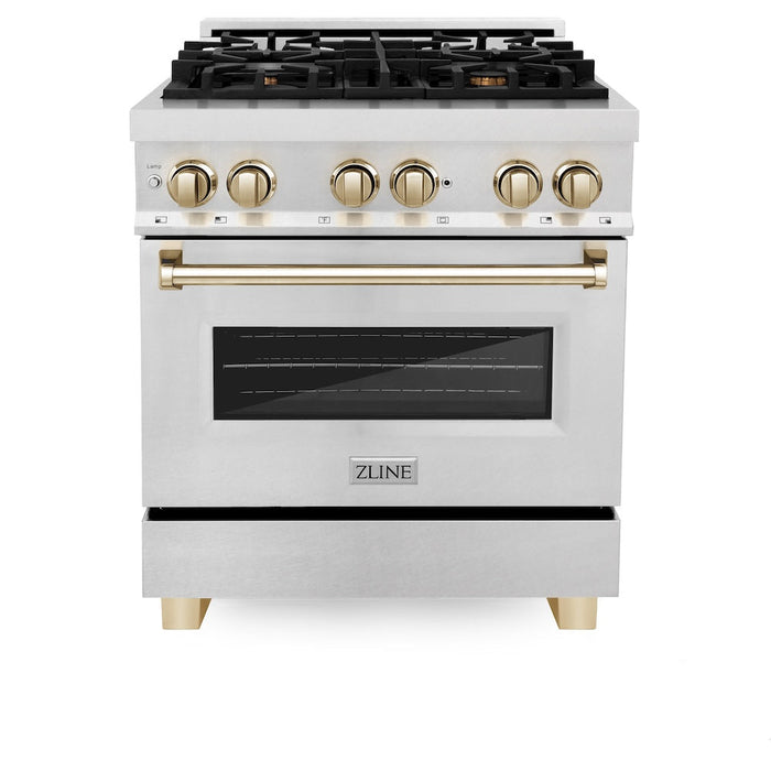 ZLINE Autograph Edition 30 in. 4.0 cu. ft. Legacy Dual Fuel Range with 4 Burner Gas Cooktop and Electric Convection Oven in Satin Stainless Steel and Polished Gold Accents (RASZ-SN-30-G)