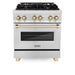 ZLINE Autograph Edition 30 in. 4.0 cu. ft. Legacy Dual Fuel Range with 4 Burner Gas Cooktop and Electric Convection Oven in Satin Stainless Steel and Polished Gold Accents (RASZ-SN-30-G)