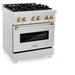 ZLINE Autograph Edition 30 in. 4.0 cu. ft. Legacy Dual Fuel Range with 4 Burner Gas Cooktop and Electric Convection Oven in Satin Stainless Steel and Polished Gold Accents (RASZ-SN-30-G)