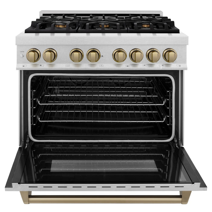 ZLINE Autograph Edition 36 in. 4.6 cu. ft. Legacy Dual Fuel Range with 6 Burner Gas Cooktop and Electric Convection Oven in Satin Stainless Steel and Champagne Bronze Accents (RASZ-SN-36-CB)