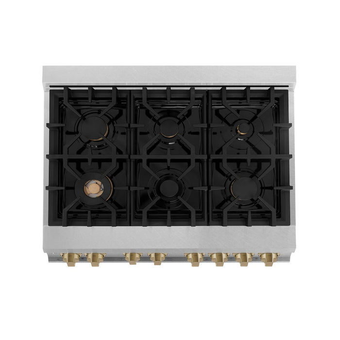 ZLINE Autograph Edition 36 in. 4.6 cu. ft. Legacy Dual Fuel Range with 6 Burner Gas Cooktop and Electric Convection Oven in Satin Stainless Steel and Champagne Bronze Accents (RASZ-SN-36-CB)
