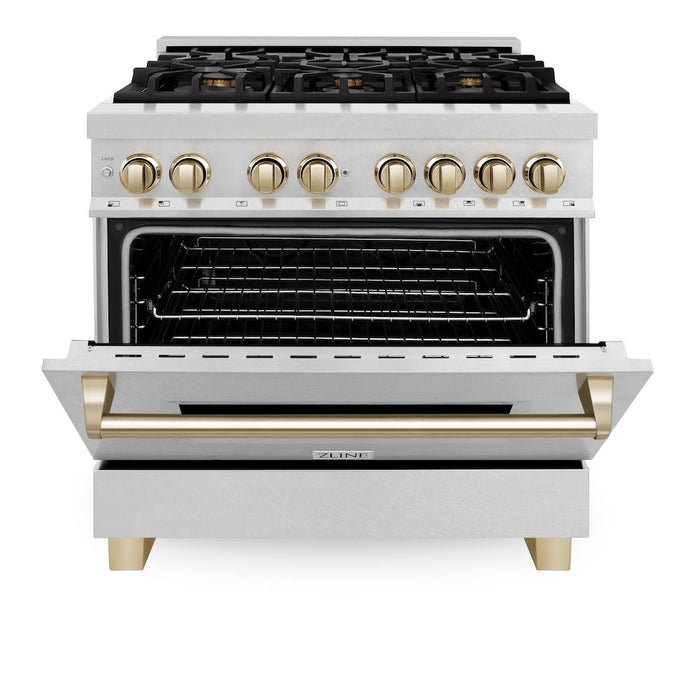 ZLINE Autograph Edition 36 in. 4.6 cu. ft. Legacy Dual Fuel Range with 6 Burner Gas Cooktop and Electric Convection Oven in Satin Stainless Steel and Polished Gold Accents (RASZ-SN-36-G)