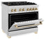 ZLINE Autograph Edition 36 in. 4.6 cu. ft. Legacy Dual Fuel Range with 6 Burner Gas Cooktop and Electric Convection Oven in Satin Stainless Steel and Polished Gold Accents (RASZ-SN-36-G)