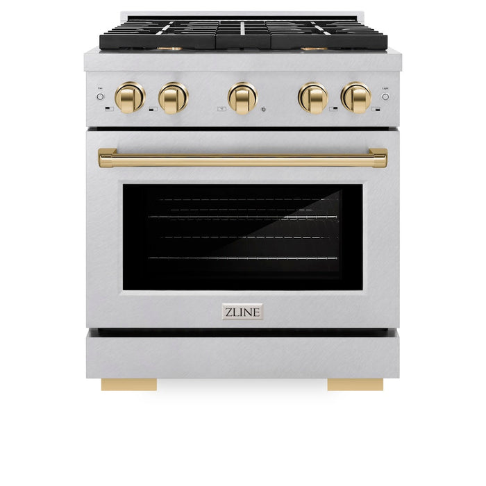 ZLINE Autograph Edition 30 in. 4.2 cu. ft. Paramount Dual Fuel Range with 4 Burner Gas Cooktop and Electric Convection Oven in Satin Stainless Steel with Polished Gold Accents (SDRSZ-30-G)
