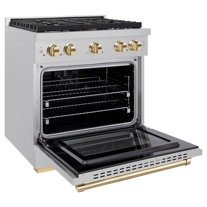 ZLINE Autograph Edition 30 in. 4.2 cu. ft. Paramount Dual Fuel Range with 4 Burner Gas Cooktop and Electric Convection Oven in Satin Stainless Steel with Polished Gold Accents (SDRSZ-30-G)