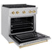 ZLINE Autograph Edition 30 in. 4.2 cu. ft. Paramount Dual Fuel Range with 4 Burner Gas Cooktop and Electric Convection Oven in Satin Stainless Steel with Polished Gold Accents (SDRSZ-30-G)