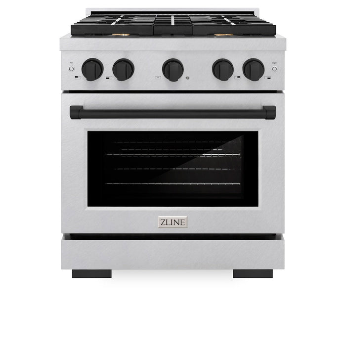 ZLINE Autograph Edition 30 in. 4.2 cu. ft. Paramount Dual Fuel Range with 4 Burner Gas Cooktop and Electric Convection Oven in Satin Stainless Steel with Matte Black Accents (SDRSZ-30-MB)