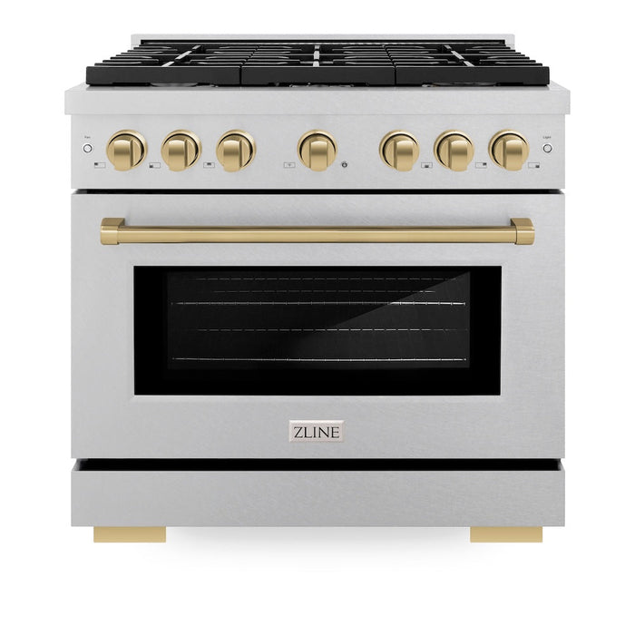 ZLINE Autograph Edition 36 in. 5.2 cu. ft. Paramount Dual Fuel Range with 6 Burner Gas Cooktop and Electric Convection Oven in Satin Stainless Steel with Champagne Bronze Accents (SDRSZ-36-CB)