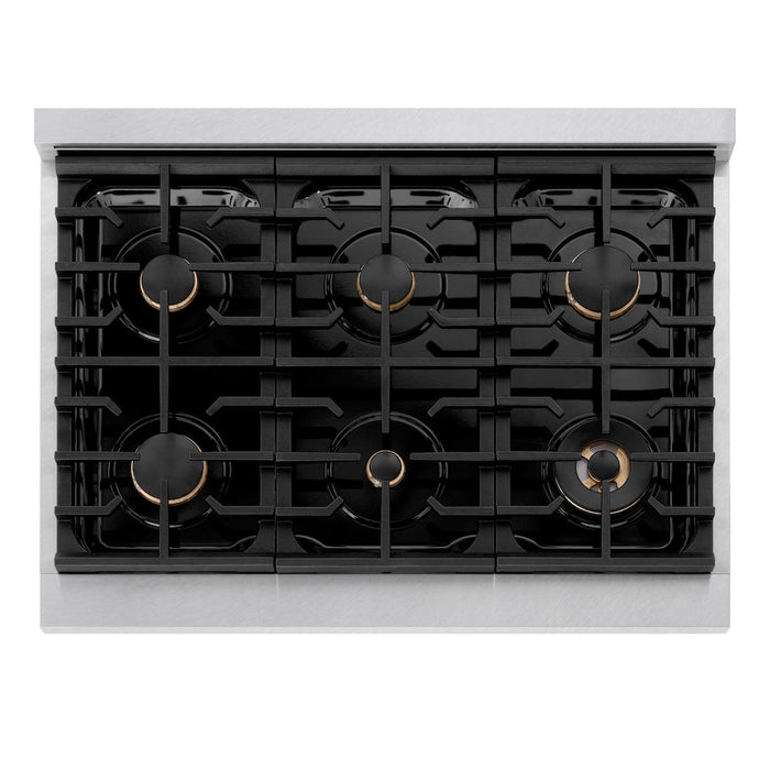 ZLINE Autograph Edition 36 in. 5.2 cu. ft. Paramount Dual Fuel Range with 6 Burner Gas Cooktop and Electric Convection Oven in Satin Stainless Steel with Champagne Bronze Accents (SDRSZ-36-CB)
