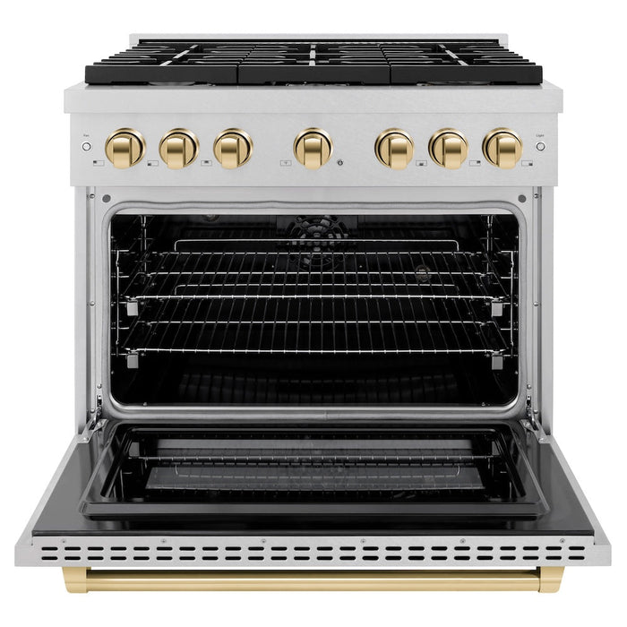 ZLINE Autograph Edition 36 in. 5.2 cu. ft. Paramount Dual Fuel Range with 6 Burner Gas Cooktop and Electric Convection Oven in Satin Stainless Steel with Polished Gold Accents (SDRSZ-36-G)