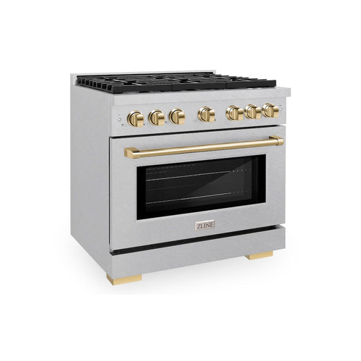 ZLINE Autograph Edition 36 in. 5.2 cu. ft. Paramount Dual Fuel Range with 6 Burner Gas Cooktop and Electric Convection Oven in Satin Stainless Steel with Polished Gold Accents (SDRSZ-36-G)