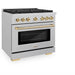 ZLINE Autograph Edition 36 in. 5.2 cu. ft. Paramount Dual Fuel Range with 6 Burner Gas Cooktop and Electric Convection Oven in Satin Stainless Steel with Polished Gold Accents (SDRSZ-36-G)