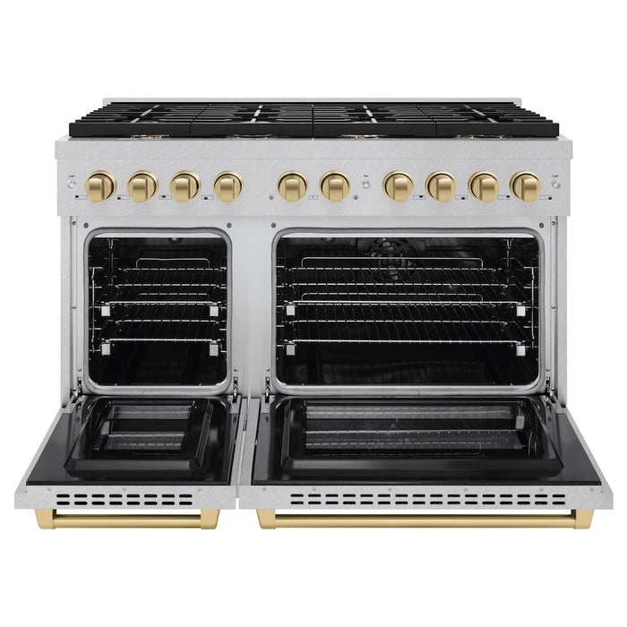 ZLINE Autograph Edition 48 in. 6.7 cu. ft. Paramount Double Oven Dual Fuel Range with 8 Burner Gas Cooktop in Satin Stainless Steel and Champagne Bronze Accents (SDRSZ-48-CB)