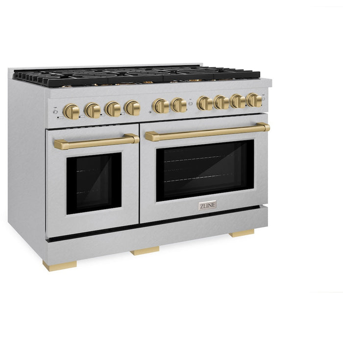 ZLINE Autograph Edition 48 in. 6.7 cu. ft. Paramount Double Oven Dual Fuel Range with 8 Burner Gas Cooktop in Satin Stainless Steel and Champagne Bronze Accents (SDRSZ-48-CB)